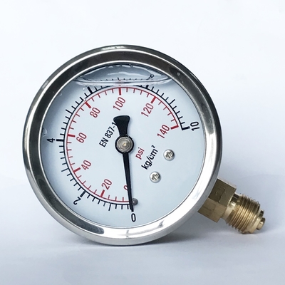 63mm indicateur de pression rempli d'huile de connexion de manomètre de chaudière de 140 livres par pouce carré de silicone en laiton inférieur de boîtier en acier inoxydable